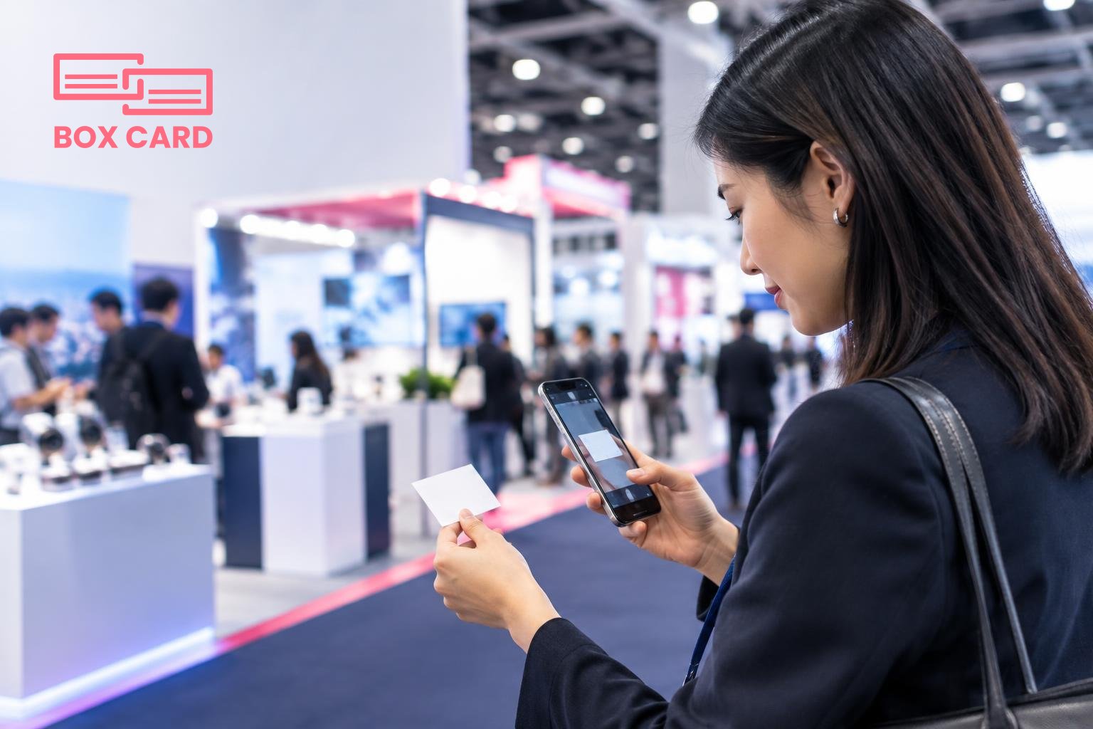 A business visitor at the Hong Kong Convention and Exhibition Centre scanning a freshly received paper business card with a smartphone, exhibition booths blurred in the background, editorial photograp