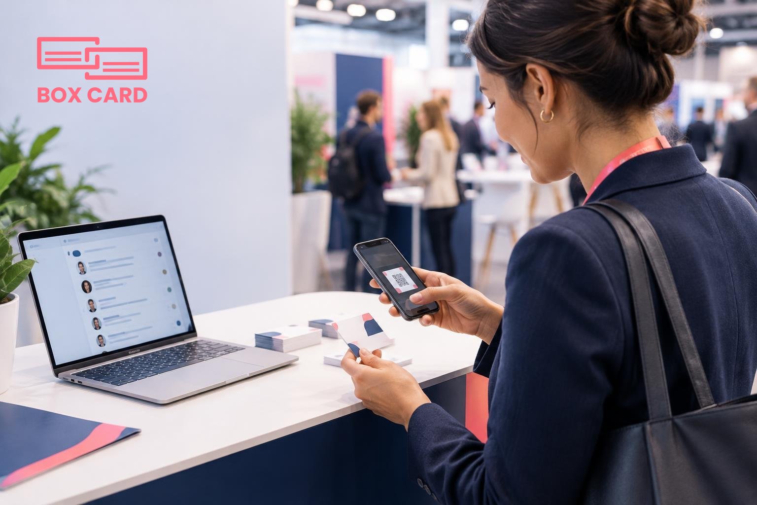A conference attendee standing at a booth, using a smartphone to scan a stack of business cards, laptop open showing a contact list, editorial photograph
