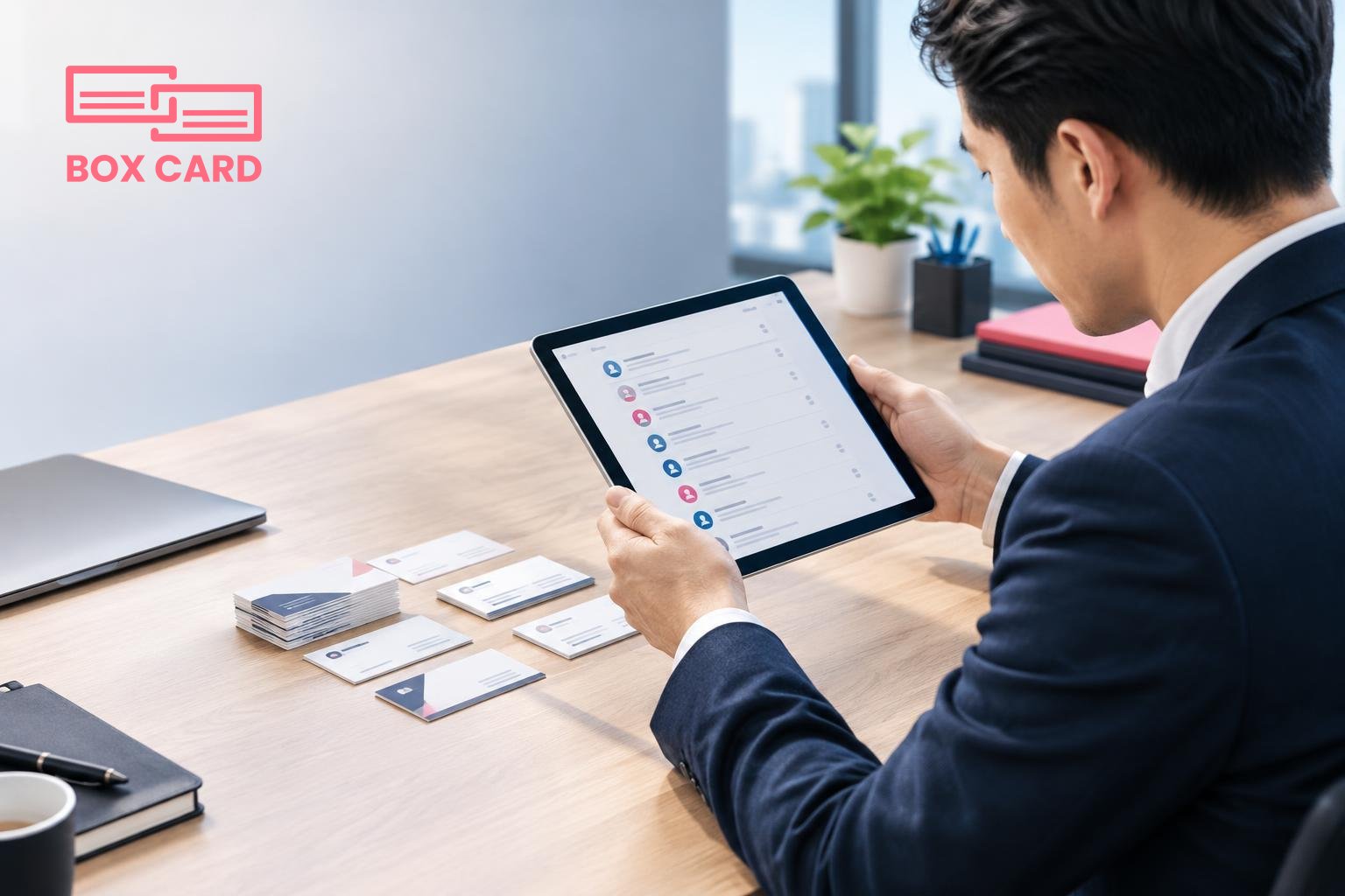 Một trưởng phòng kinh doanh dùng tablet để quét một chồng danh thiếp trên bàn, màn hình hiển thị danh sách liên hệ số hóa, editorial photo.