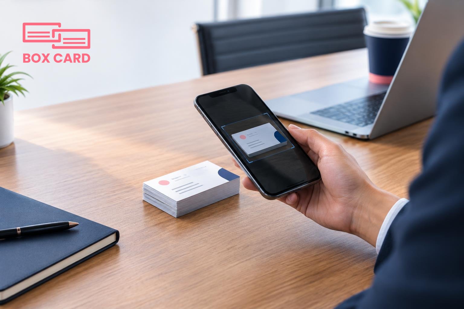Một nhân viên kinh doanh quét nhanh một chồng danh thiếp bằng smartphone trên bàn họp, giao diện ứng dụng hiển thị ô chờ quét, phong cách ảnh editorial