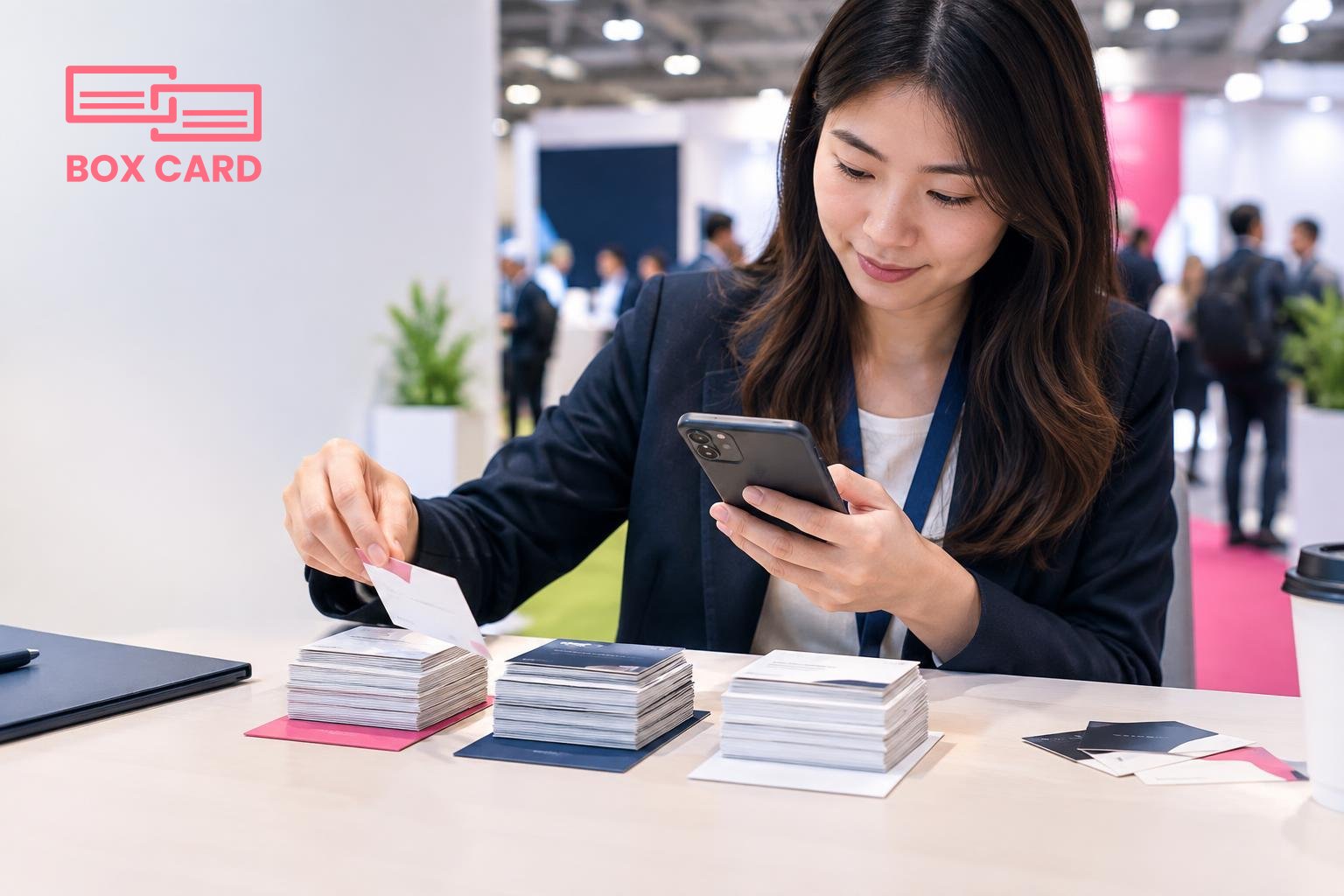 A sales representative at a small table sorting stacks of business cards into three labeled piles, then scanning cards with a smartphone, editorial photograph