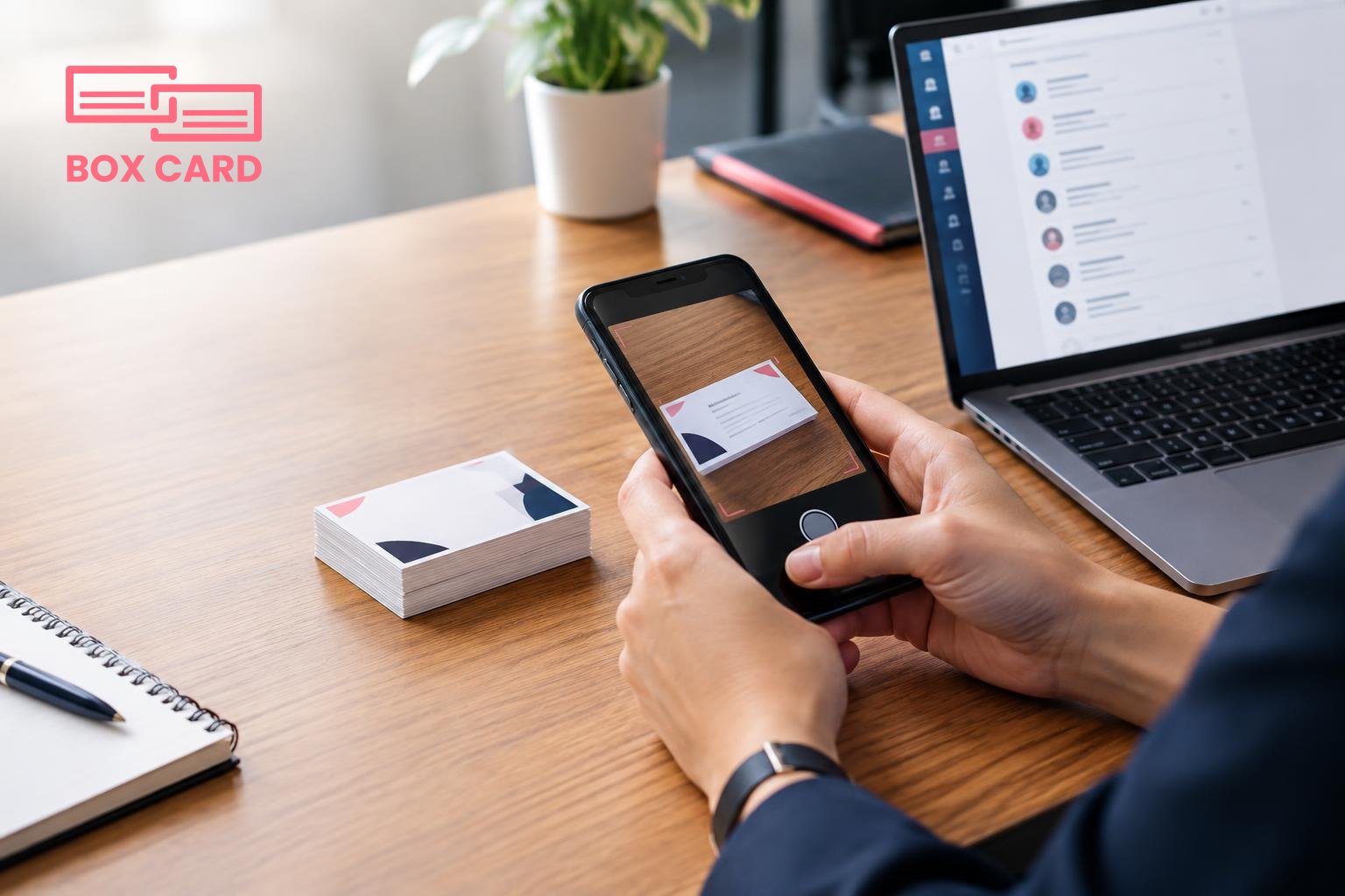 Một người dùng điện thoại quét một chồng danh thiếp đặt trên bàn gỗ, laptop mở ứng dụng quản lý liên hệ bên cạnh, ánh sáng văn phòng, ảnh chụp editorial