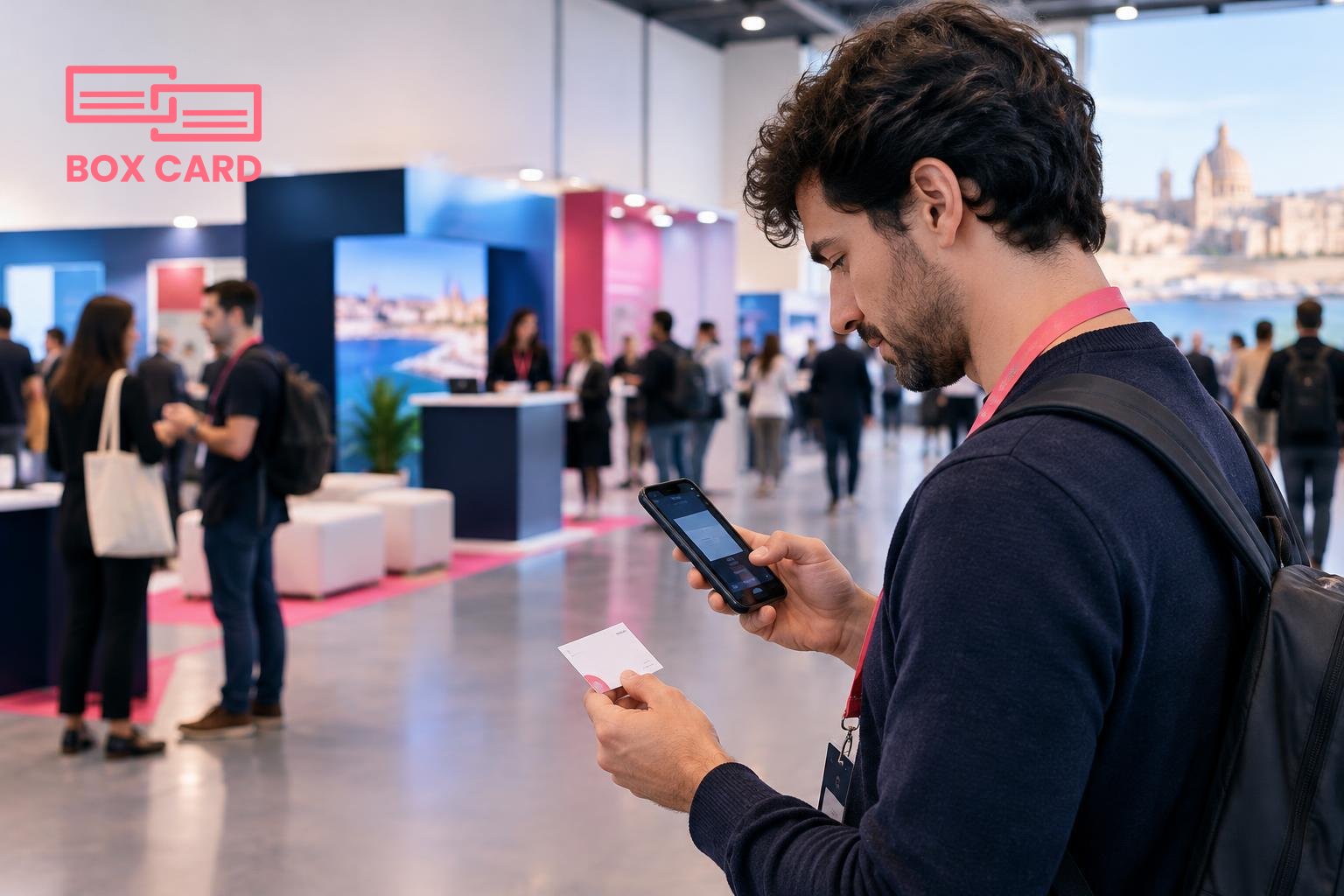 A startup founder at a Malta tech conference scanning a business card with a smartphone, conference hall and booths in the background, editorial photograph.