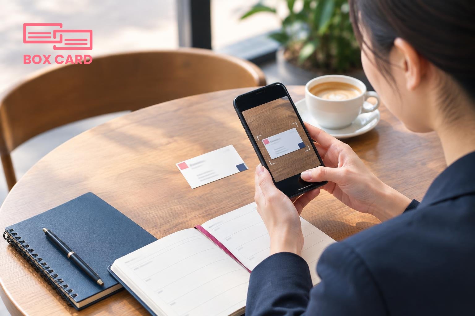 カフェのテーブルで会社員がスマホで名刺をスキャンしている場面、横にノートとスケジュール手帳が置かれた編集写真