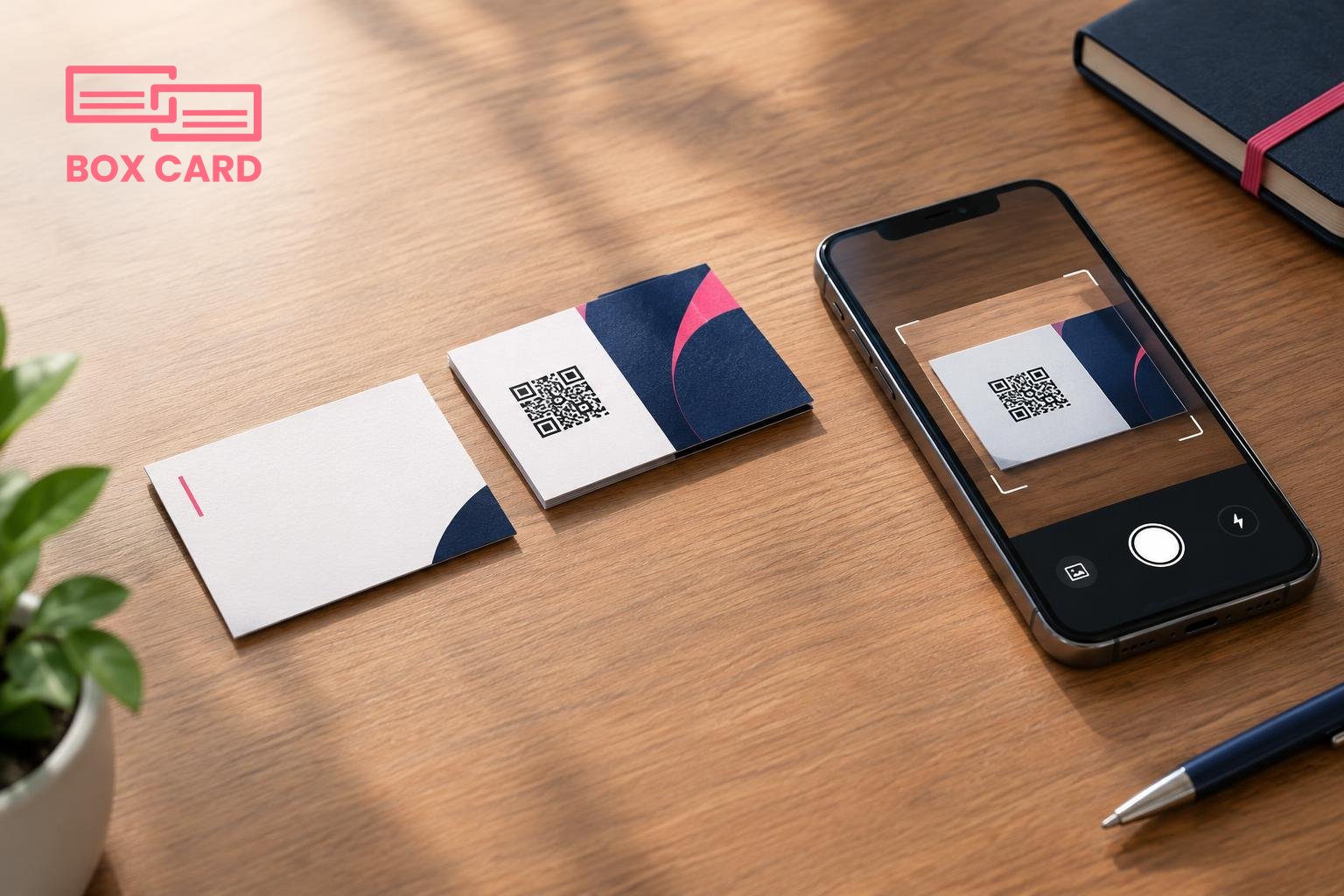 Một nhà thiết kế đặt hai mẫu namecard trên bàn gỗ, một mẫu 1 mặt tối giản, một mẫu 2 mặt có QR code, smartphone cạnh đó hiển thị giao diện app quét danh thiếp, ánh sáng studio