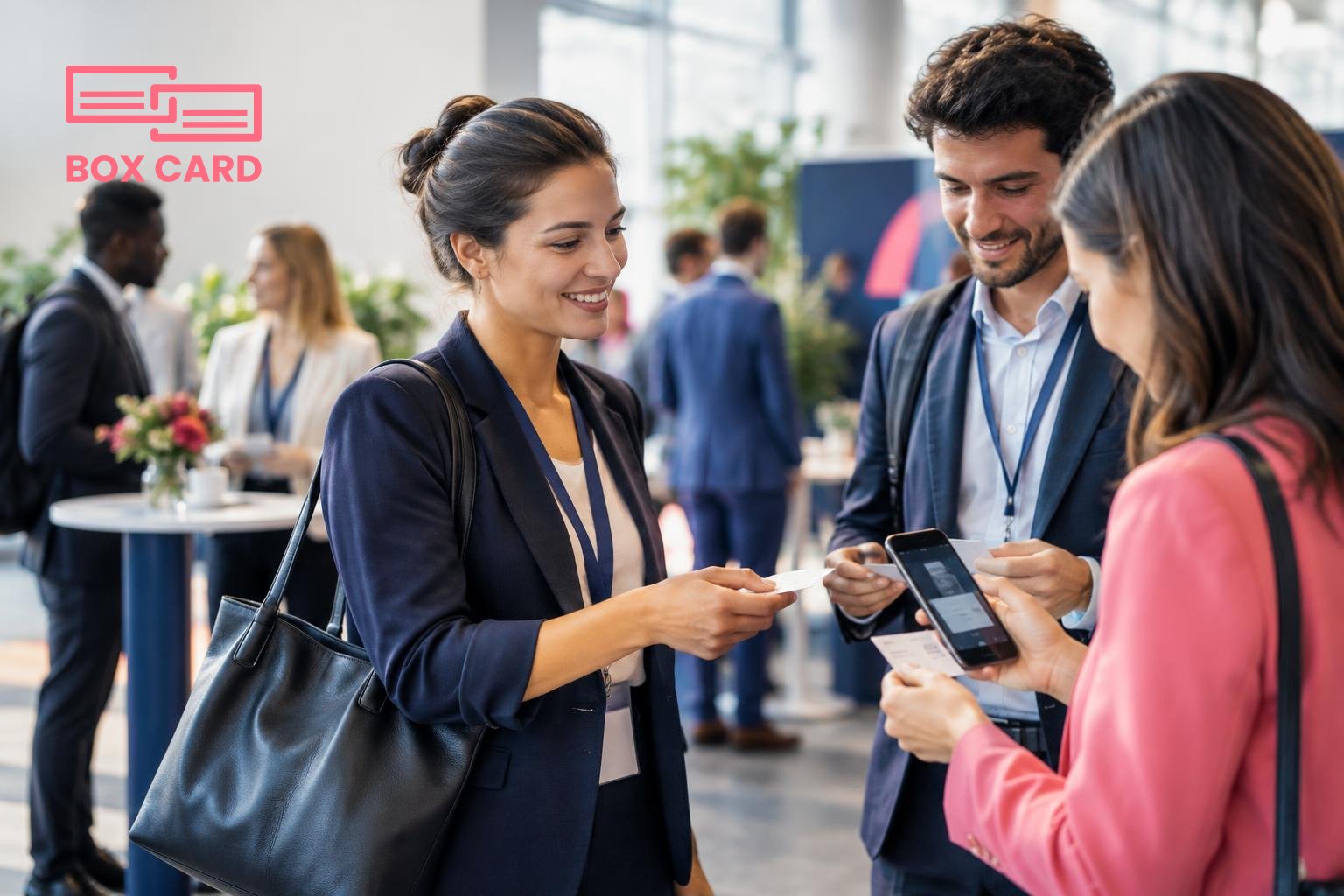 A group of professionals at a conference networking area exchanging business cards while one person scans a card with a smartphone, editorial photograph
