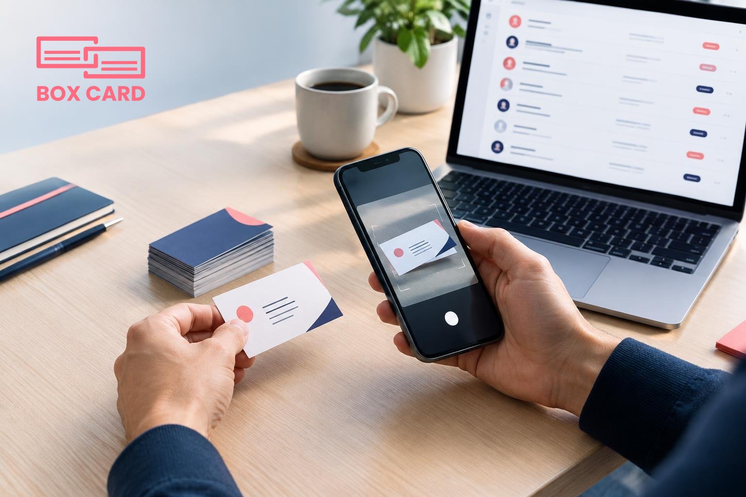A professional scanning a stack of business cards on a desk, using a smartphone app to capture both sides, with a laptop showing a list of tagged contacts in the background, editorial photograph