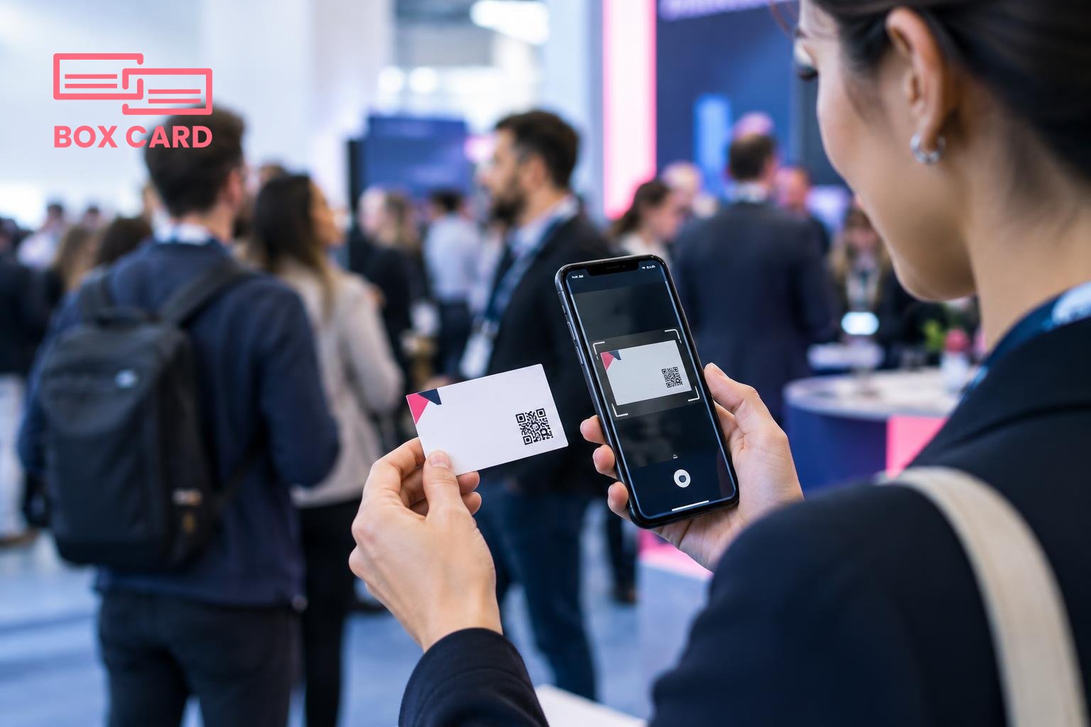A conference attendee scanning a paper business card with a smartphone at a crowded UK tech event, app UI visible on the phone screen, editorial photograph