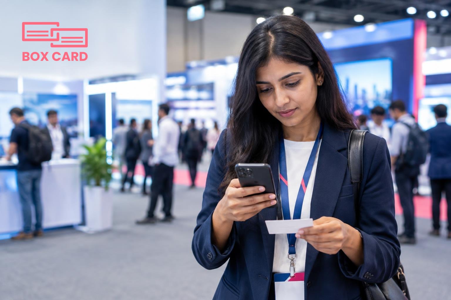 A conference attendee at India Mobile Congress scanning a paper business card with a smartphone, lanyard badge visible, busy exhibition booths in soft focus behind them, editorial photograph