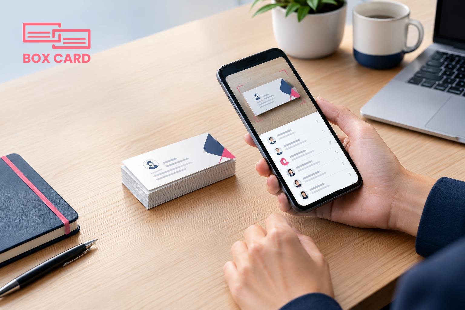 Nhân viên dùng smartphone quét một chồng danh thiếp trên bàn, màn hình điện thoại hiển thị kết quả số hóa và danh sách liên hệ, phong cách ảnh báo chí