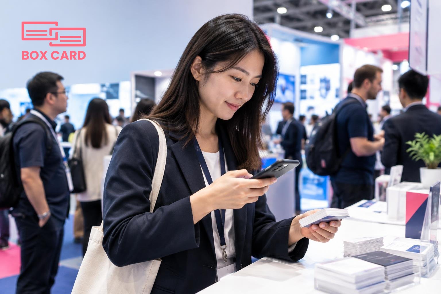 A sales representative at a Hong Kong trade show scanning a pile of business cards with a smartphone app at a crowded booth, candid editorial photograph