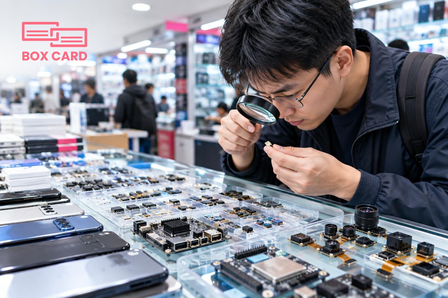 一个买家在华强北展厅桌前用放大镜检查小型电子元器件,桌上有手机、开发板、摄像头模组,编辑风格摄影