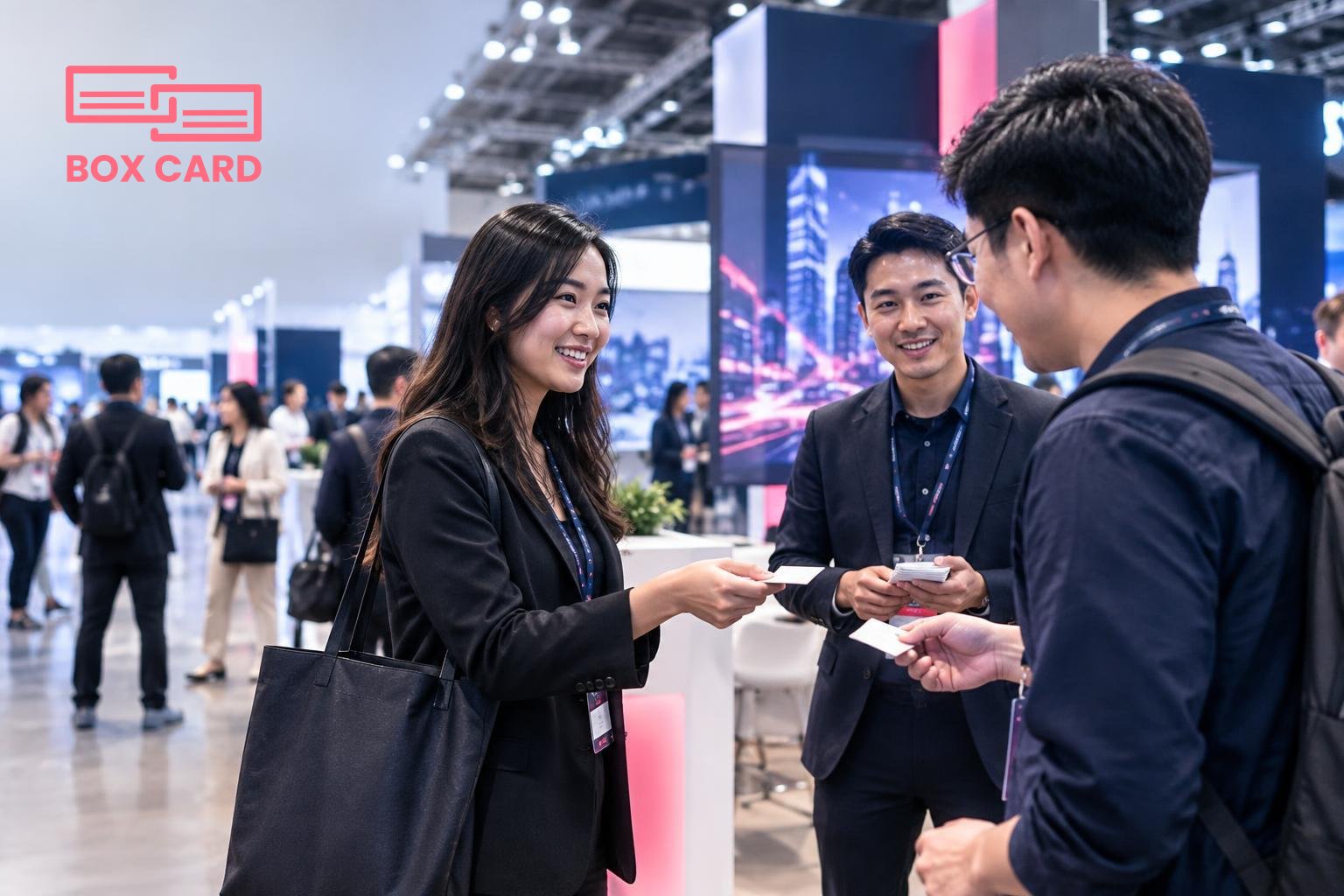 ผู้เข้าร่วมงานยืนหน้าบูท FinTech ในฮอลล์ใหญ่ แสดงบัตรเข้างานและแจกนามบัตรให้กัน ภาพถ่ายสไตล์ข่าว