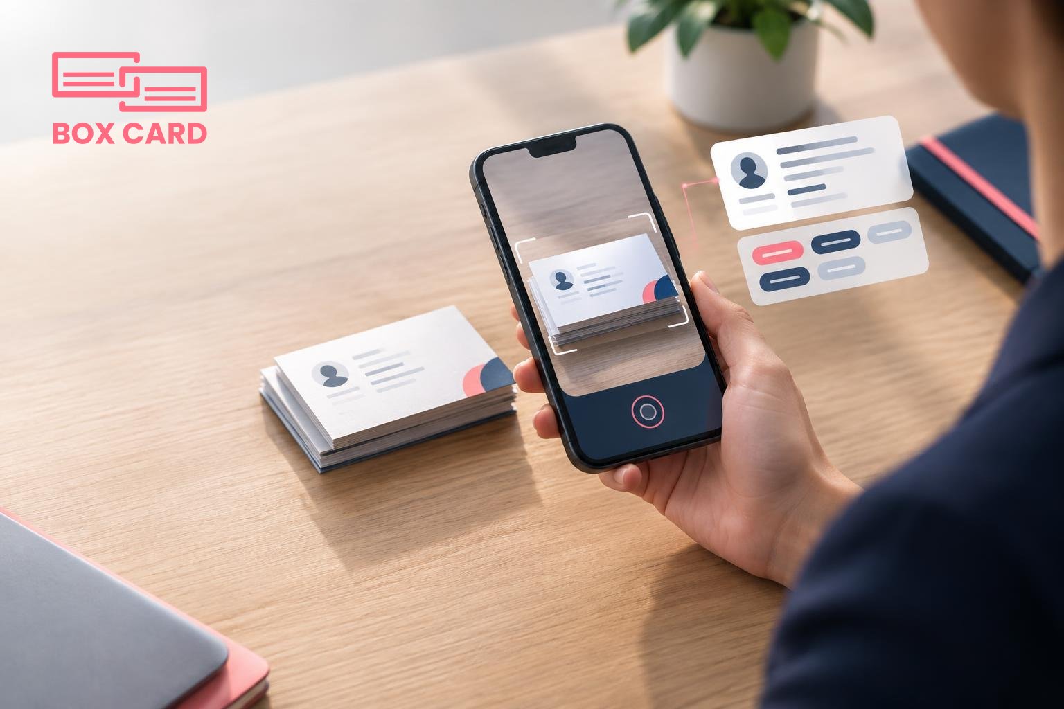 Một nhân viên bán hàng dùng smartphone quét một chồng danh thiếp trên bàn, màn hình ứng dụng hiển thị kết quả OCR và các thẻ tag, phong cách editorial