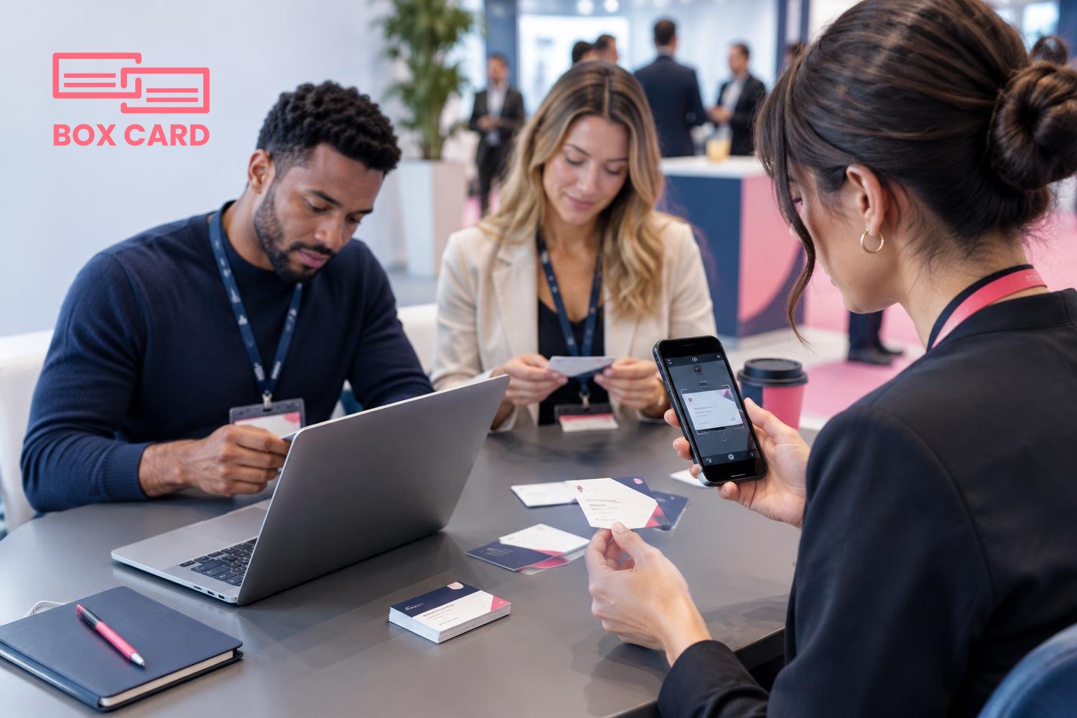 Attendees at a conference table scanning business cards with a smartphone, business cards and a laptop open, conference badges visible, editorial photograph