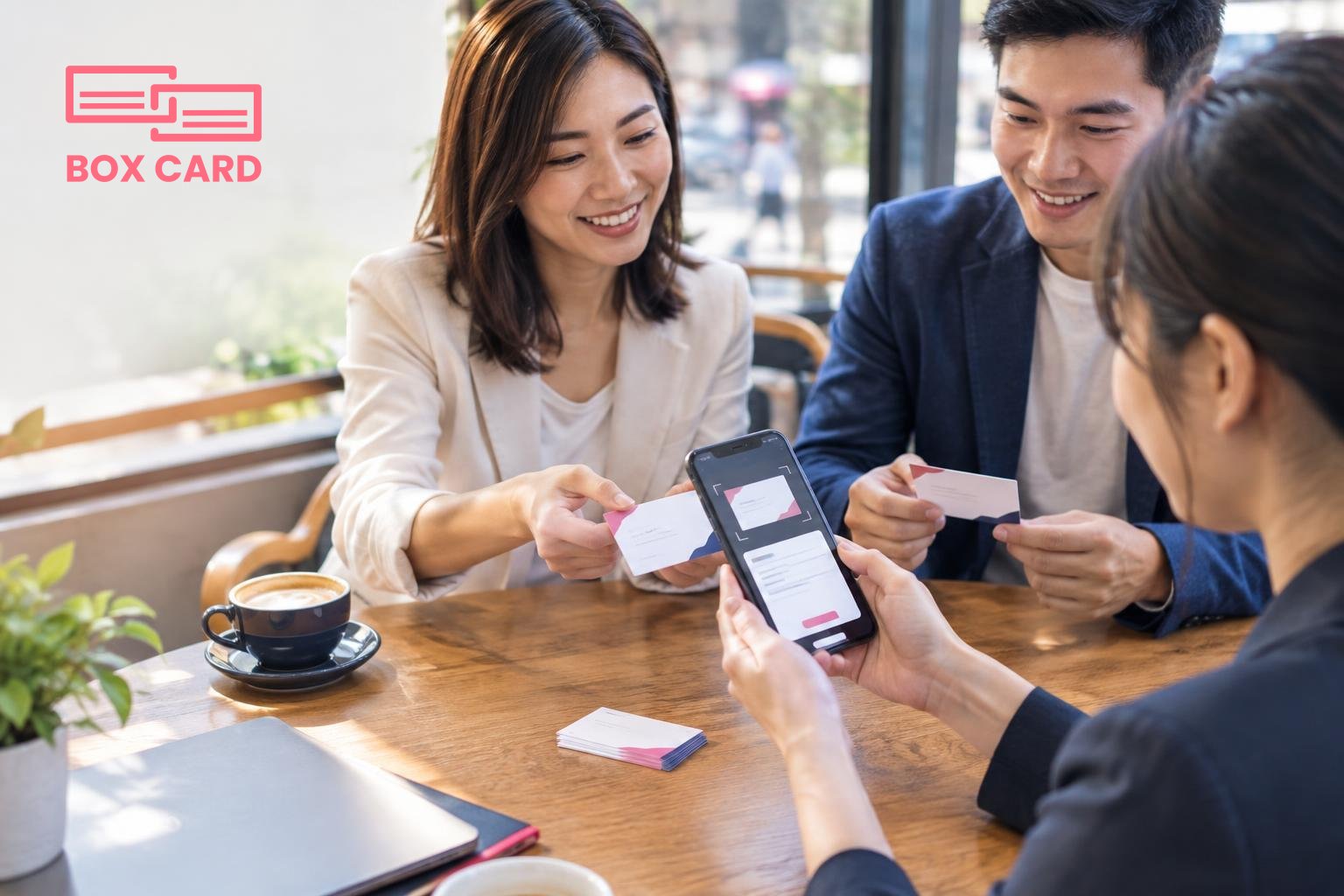 銅鑼灣咖啡店內,三位職場人士在桌上互換名片,一人用手機用名片掃描應用拍照,手機螢幕顯示文字識別和備註欄,清新新聞攝影風格