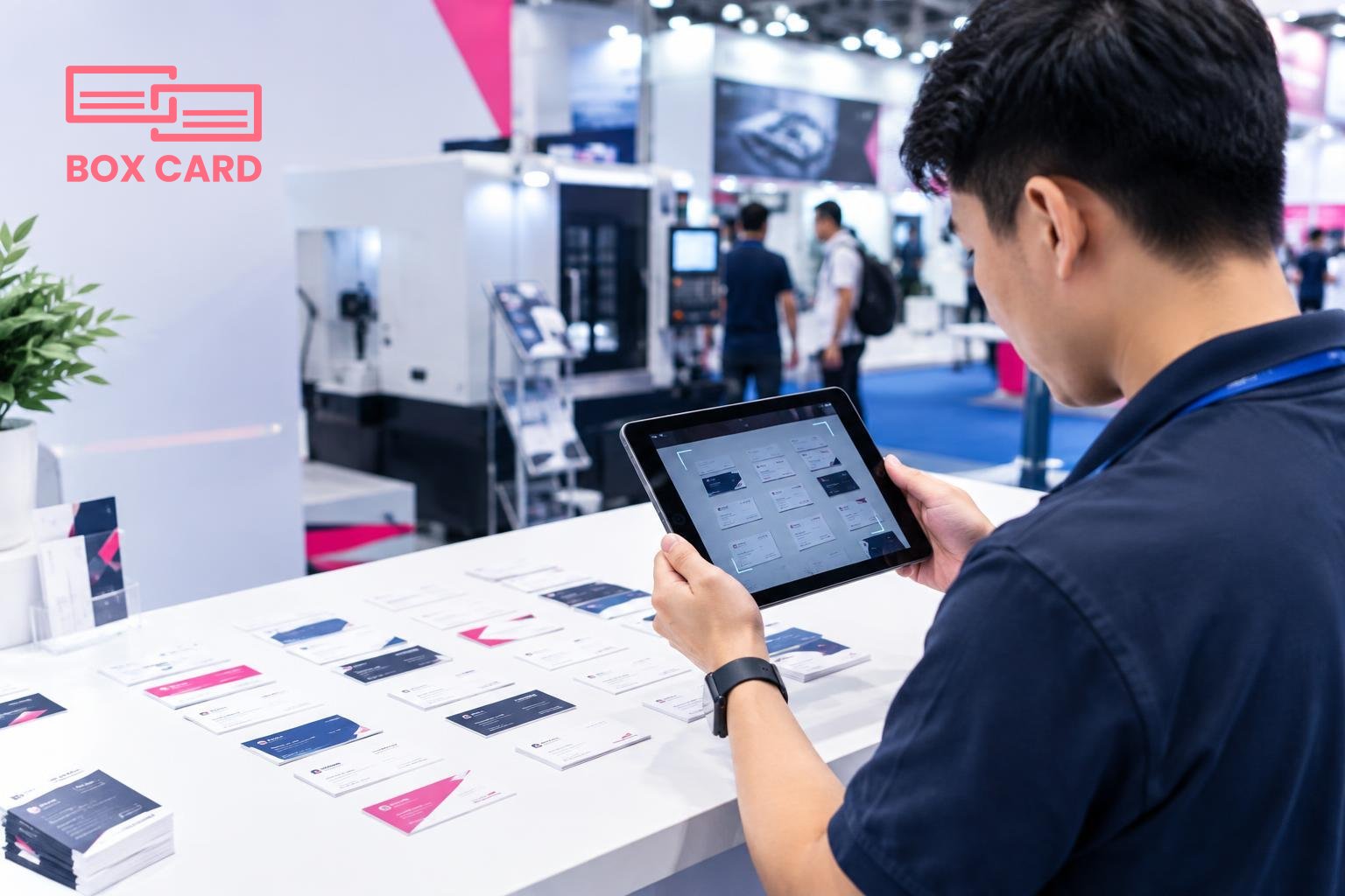 Nhân viên kỹ thuật đang dùng tablet quét một loạt danh thiếp trên bàn tại khu gian hàng triển lãm, ảnh editorial, ánh sáng hội chợ