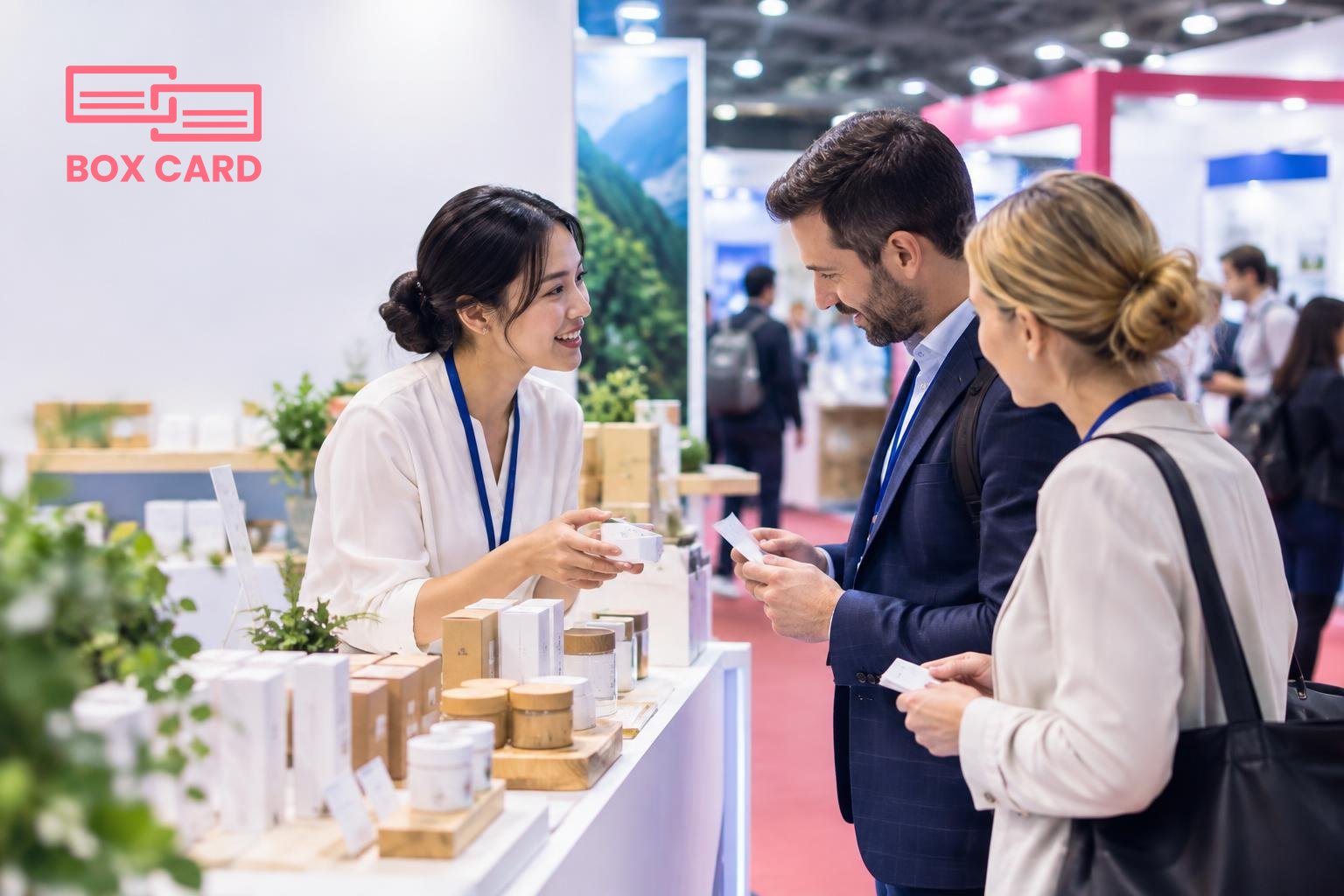 Doanh nghiệp Việt trưng bày sản phẩm mẫu trên gian hàng sáng, khách quốc tế xem mẫu và trao đổi danh thiếp, ảnh editorial