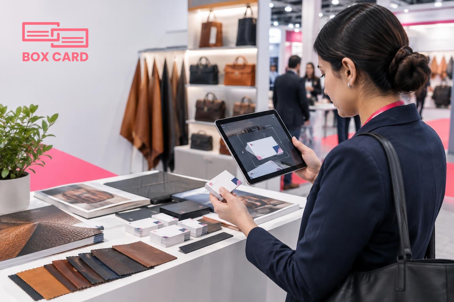 A trade show booth at India International Leather Fair: a sourcing manager scanning a stack of exchanged business cards with a tablet running a card scanning app, samples and catalogs visible on the t