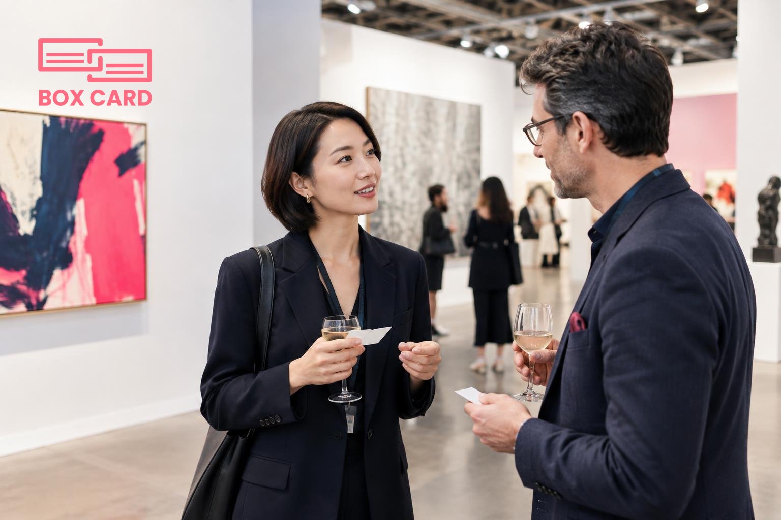 A business owner speaking to a gallery director at an Art Basel Hong Kong booth, both holding drinks and business cards, editorial photograph.