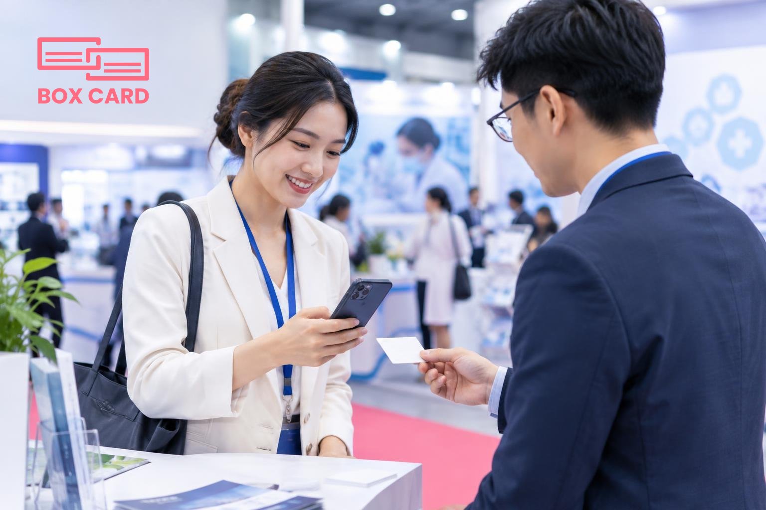 Một gian hàng triển lãm y tế, hai người trao đổi, một bên dùng smartphone quét danh thiếp vào ứng dụng, phông nền có logo triển lãm mờ, ảnh editorial