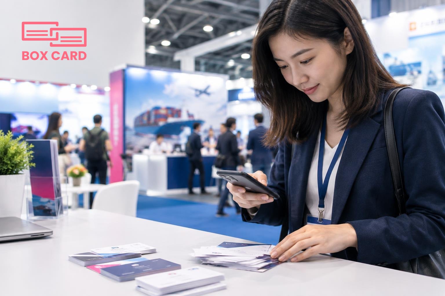 An attendee at a busy exhibition hall scanning a pile of business cards with a smartphone on a tabletop, the fair booth and banners blurred in the background, editorial photograph