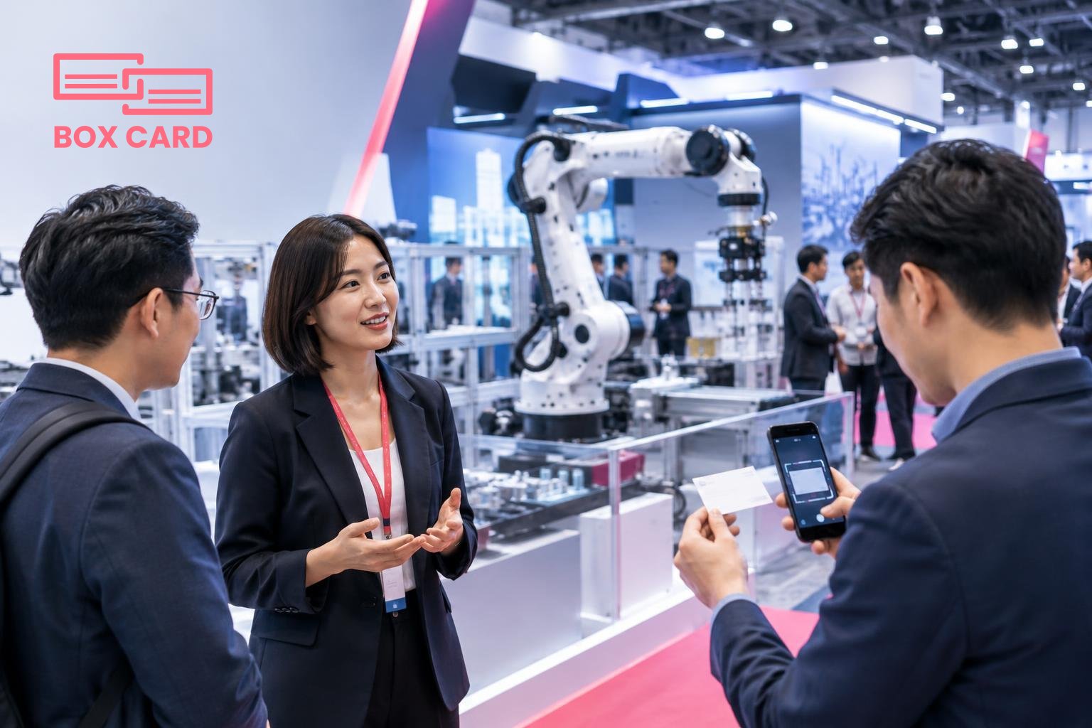 Một gian triển lãm Smart Factory, robot công nghiệp đang vận hành, người tham dự trao đổi và một người quét danh thiếp bằng điện thoại, ảnh editorial
