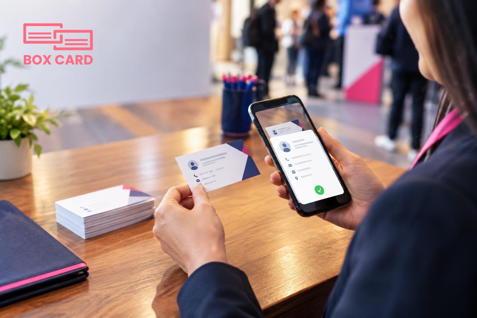 Conference attendee scanning a stack of business cards with a smartphone on a wooden table, the phone screen showing a contact being saved, editorial photograph