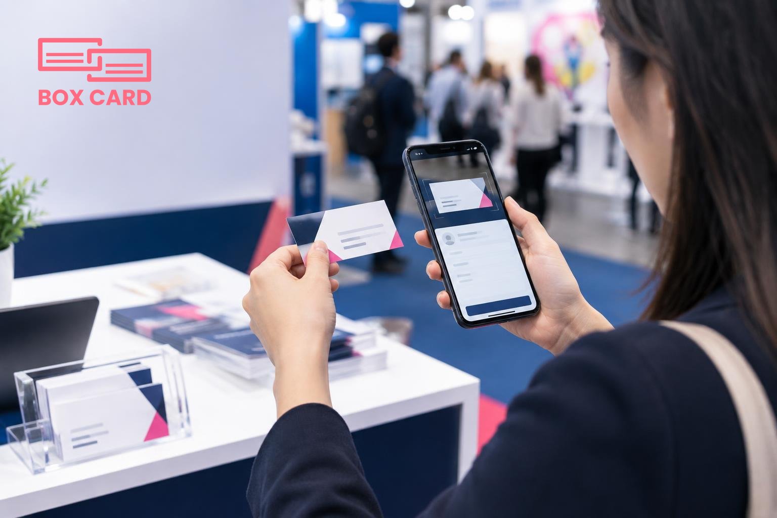 An exhibitor table at a trade show with a person scanning a paper business card using a smartphone, the phone screen showing a contact form being filled, editorial photograph