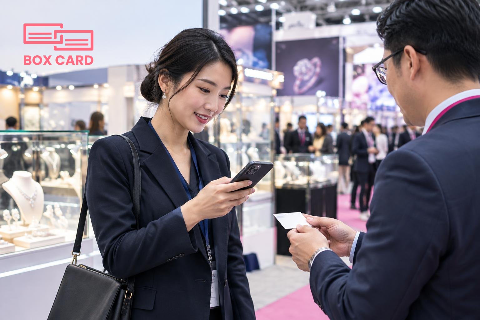 Two professionals exchanging business cards in a busy exhibition hall at the Hong Kong International Jewellery Show, one scanning a card with a smartphone while jewellery booths blur in the background