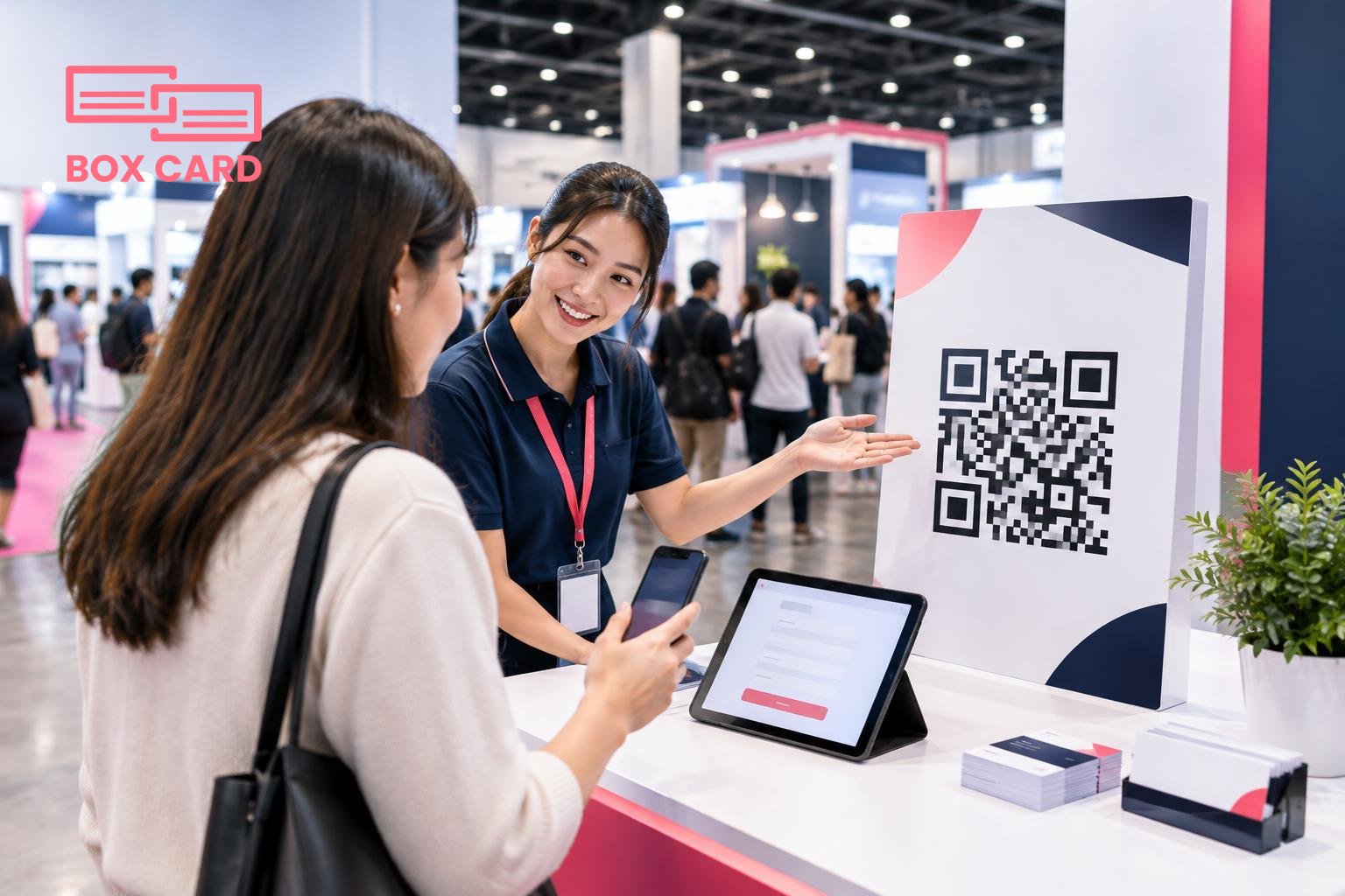 พนักงานบูธชี้ไปที่โปสเตอร์ QR Code ขนาดใหญ่ ข้างโต๊ะมีแท็บเล็ตแสดงฟอร์มลงทะเบียน เอกสารนามบัตรวางอยู่ ใจกลางฮอลล์งานแสดงสินค้า, ภาพถ่ายเชิงสารคดี