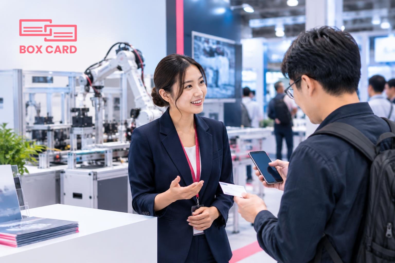 Một đại diện gian hàng tại VIAF trao đổi với khách tham quan, khách quét danh thiếp bằng điện thoại trước nền gian hàng có máy móc công nghiệp, ảnh editorial