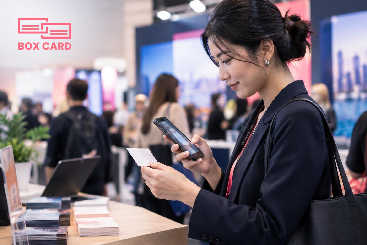 A festival delegate at a busy market booth scanning a paper business card with a smartphone, adding a short typed note, editorial photograph
