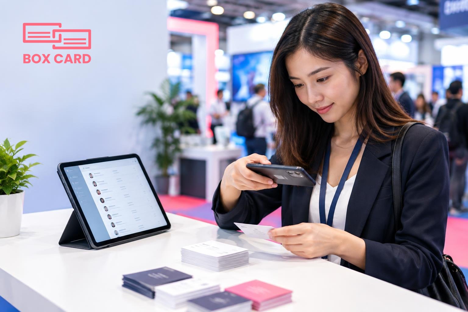 An exhibitor scanning a stack of business cards with a smartphone at a trade show table, tablet open showing organized digital contacts, editorial photograph
