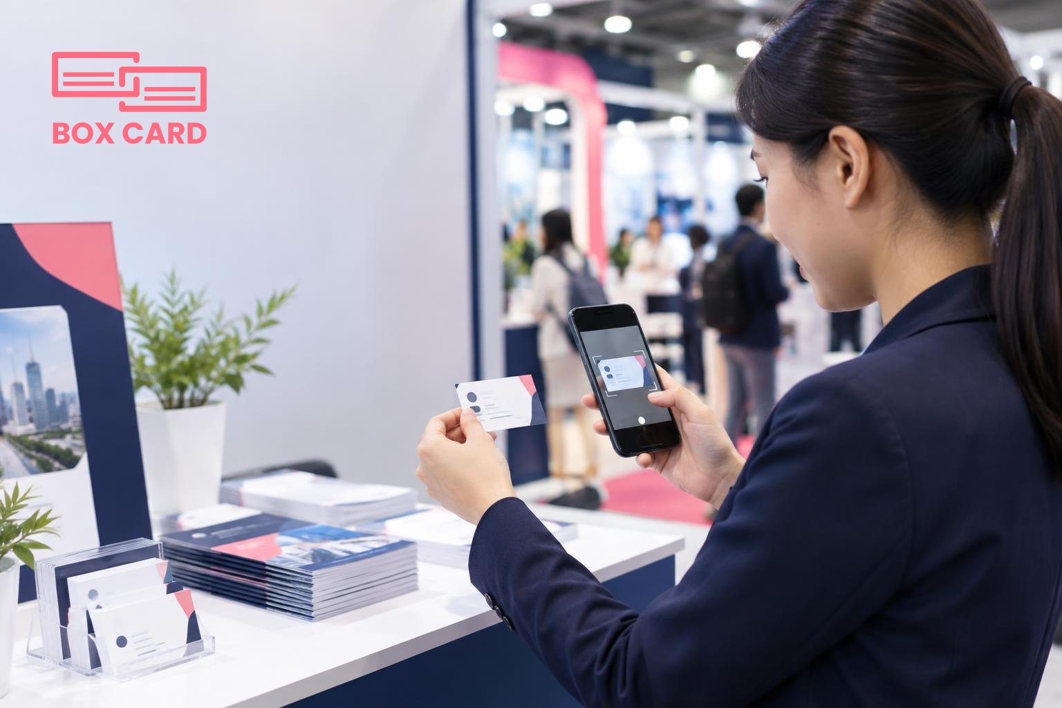 พนักงานขายใช้สมาร์ทโฟนสแกนนามบัตรบนโต๊ะบูธงานแสดงสินค้า มีสแตนด์บูธและโบรชัวร์วางอยู่รอบๆ, editorial photograph