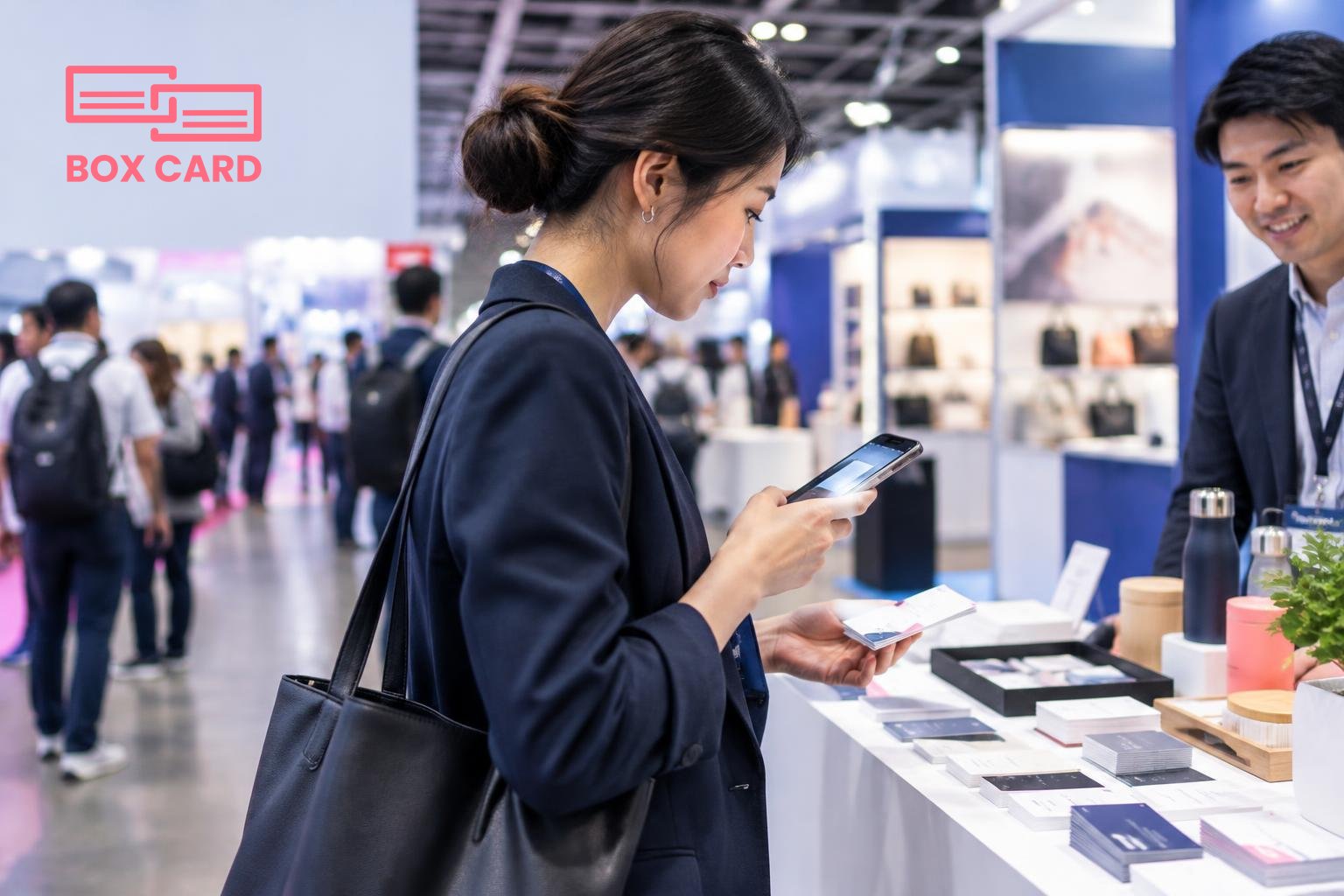 A buyer at a busy Hong Kong trade show booth scanning a stack of business cards with a smartphone while supplier product samples sit on the table, editorial photograph.