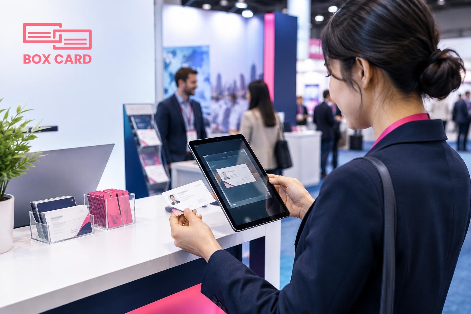무역 박람회 부스 앞에서 담당자가 태블릿으로 Boxcard 앱으로 명함을 스캔하고 태그를 붙이는 장면, 편집 사진
