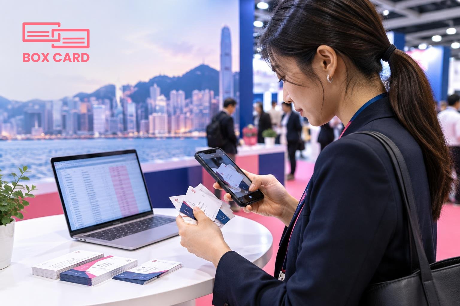 A salesperson at a Hong Kong trade show scanning a stack of mixed English and Chinese business cards with a smartphone, small booth table, a laptop open to a spreadsheet visible in the background