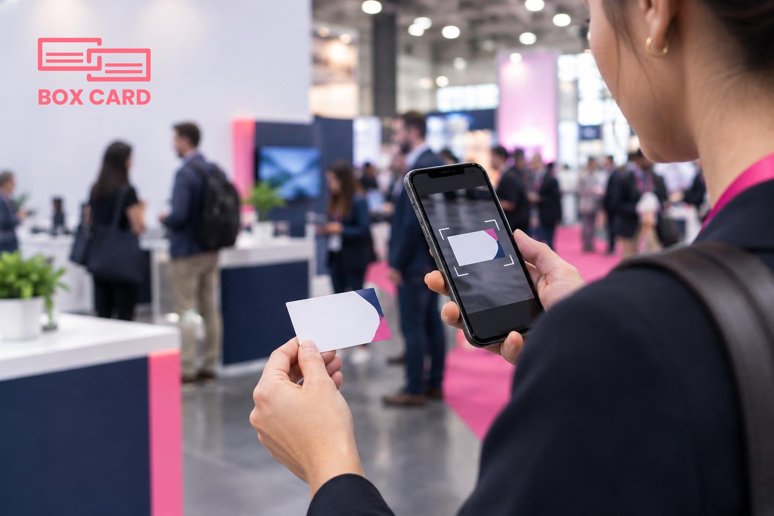 A conference attendee scanning a paper business card with a smartphone, the screen showing a card capture interface, in a busy exhibition hall, editorial photograph