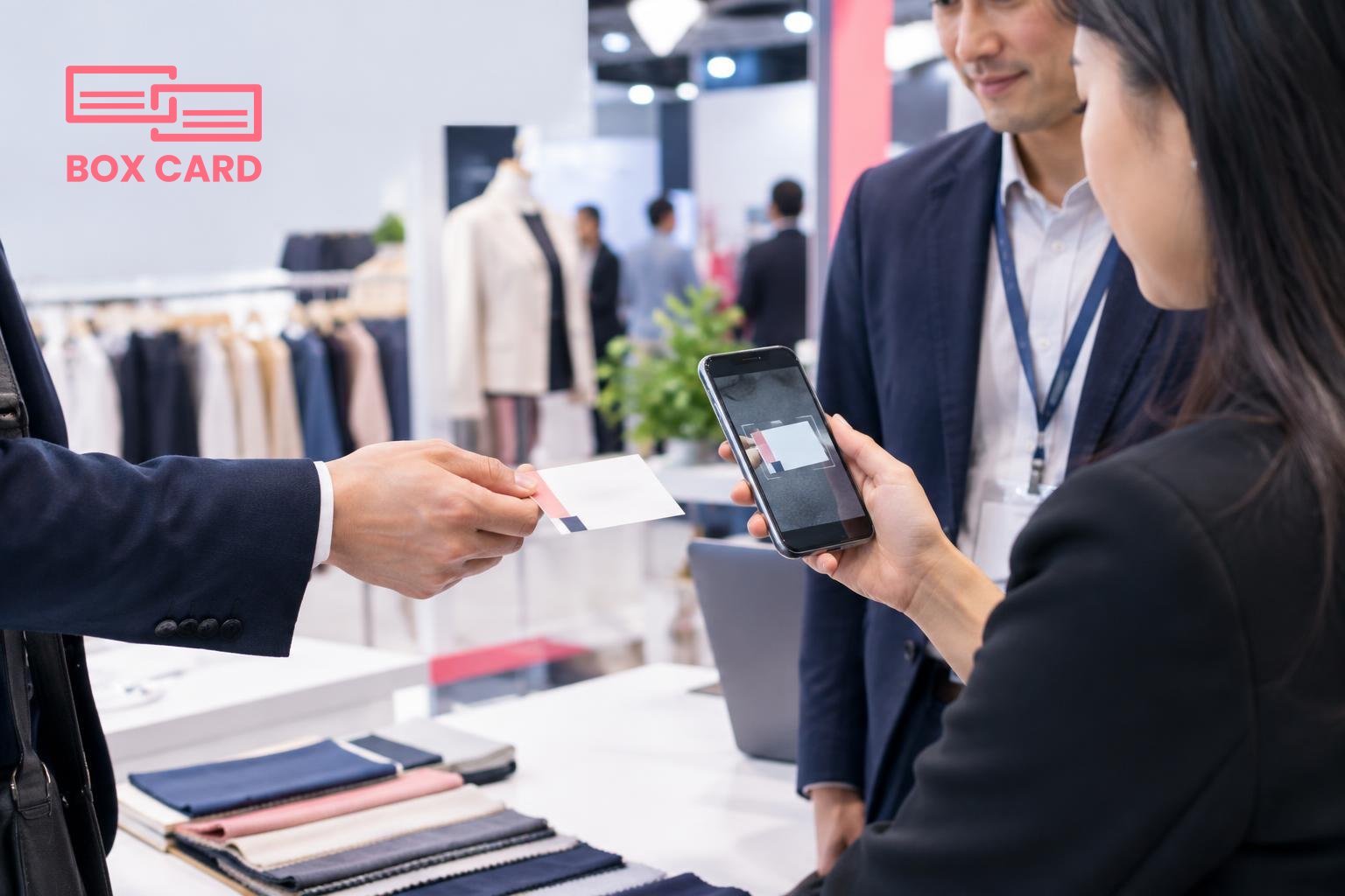 A supplier at a trade fair booth handing a paper business card to a buyer while a salesperson scans the card with a smartphone running a business card scanning app, editorial photograph