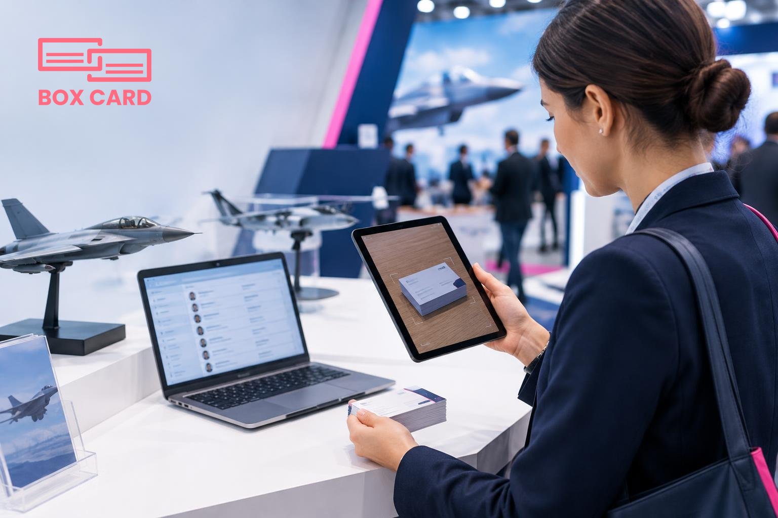 A delegate at an exhibition stand scanning a stack of business cards with a tablet, the stand shows aircraft models and a laptop with a contact list visible, editorial photograph