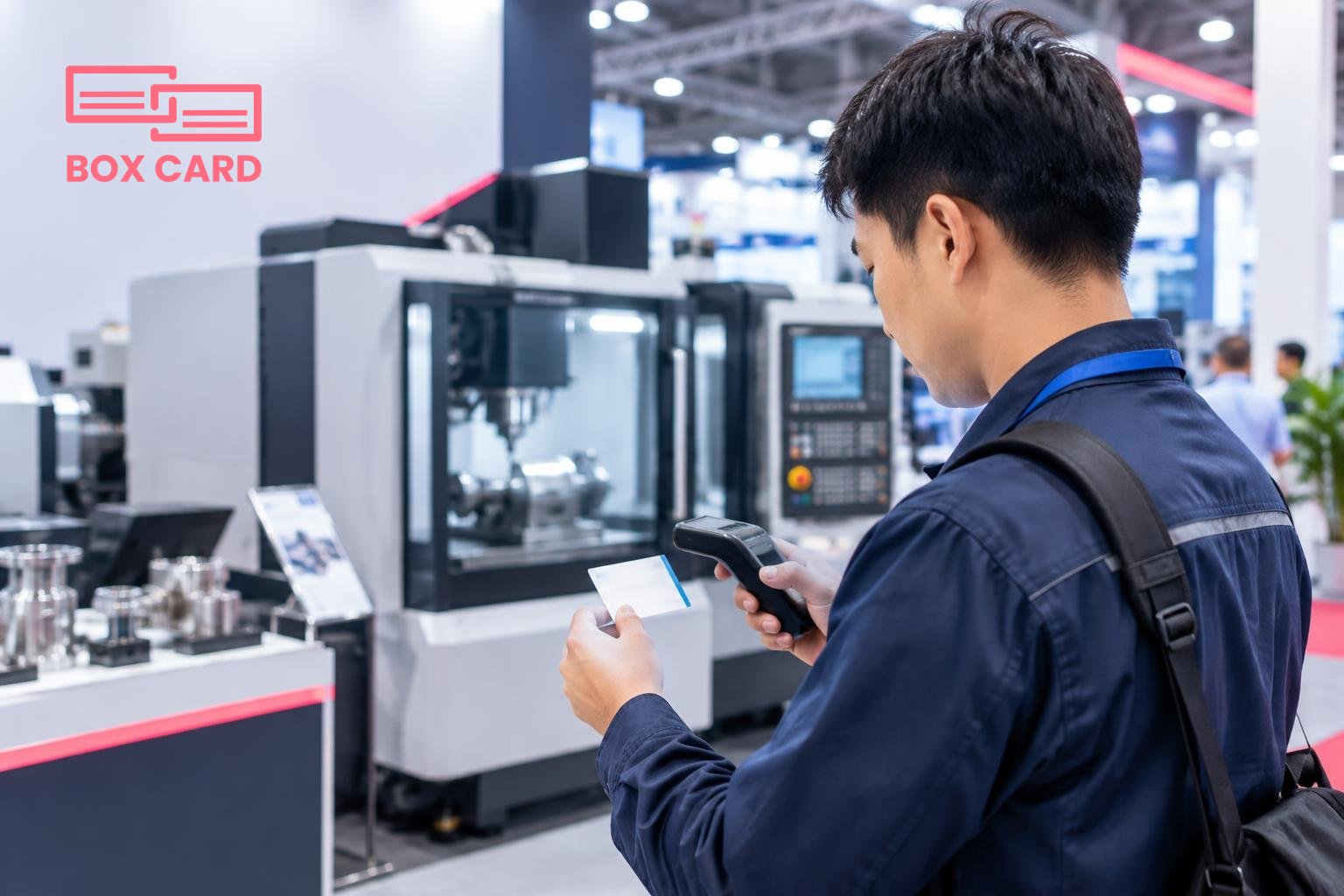 Một cán bộ kỹ thuật cầm máy quét danh thiếp, đứng trước gian hàng máy CNC đang trình diễn; phong cách ảnh editorial, có nền máy móc và biển tên công ty mờ