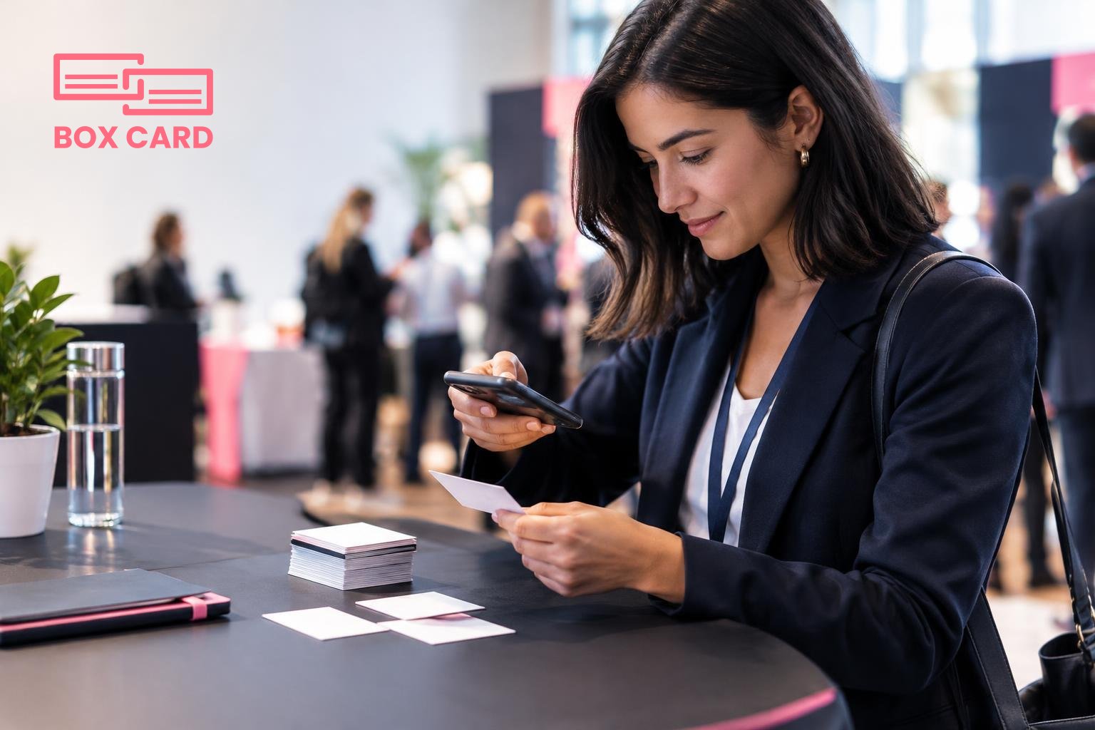 A founder scanning a stack of freshly collected business cards with a smartphone at a conference table, clear editorial photograph
