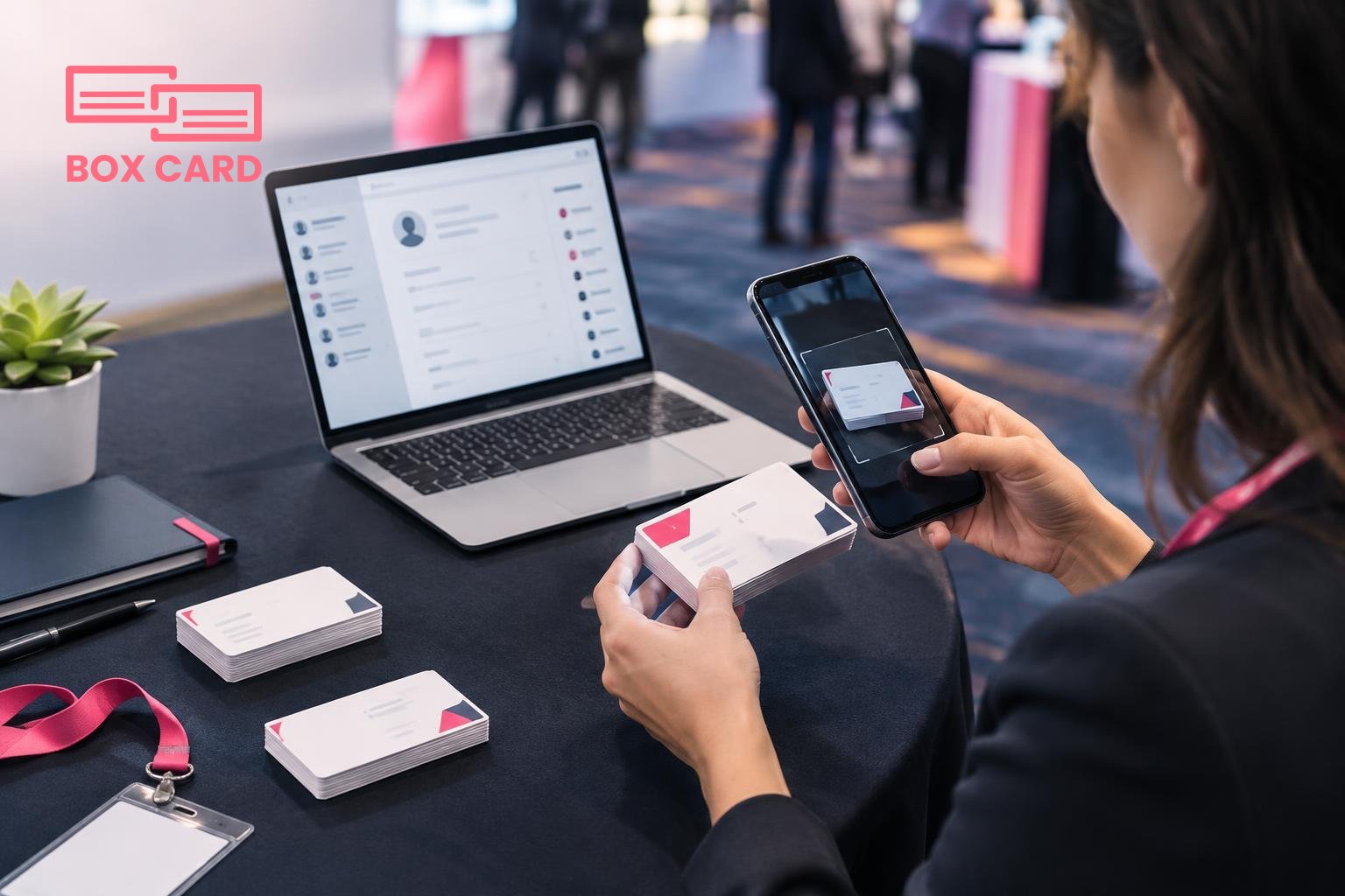 A conference attendee scanning a stack of paper business cards with a smartphone, a laptop with a CRM open on the table, editorial photograph