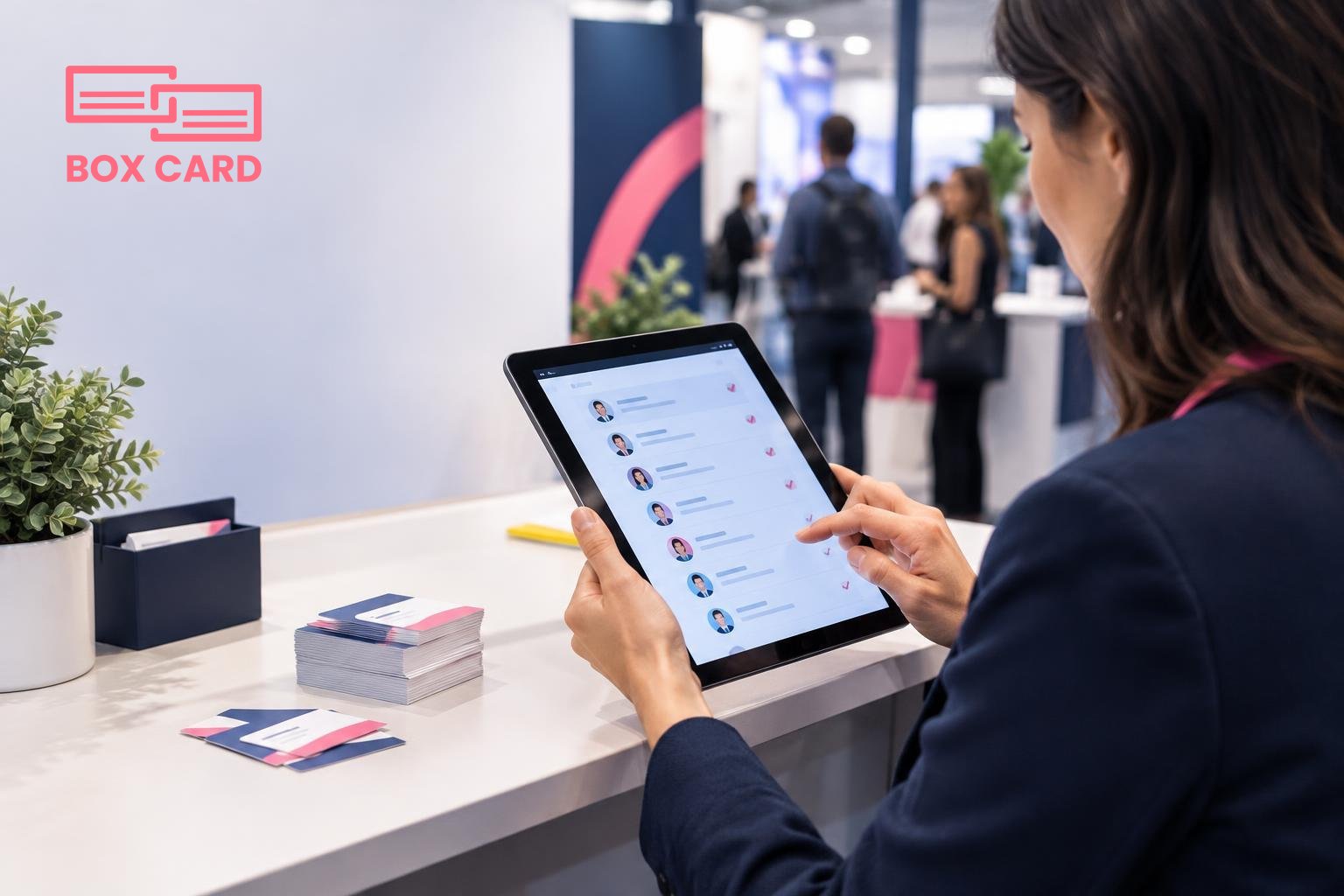 A sales manager at a trade show table photographing a stack of business cards with a tablet, then sorting the resulting digital contacts on screen, editorial photograph