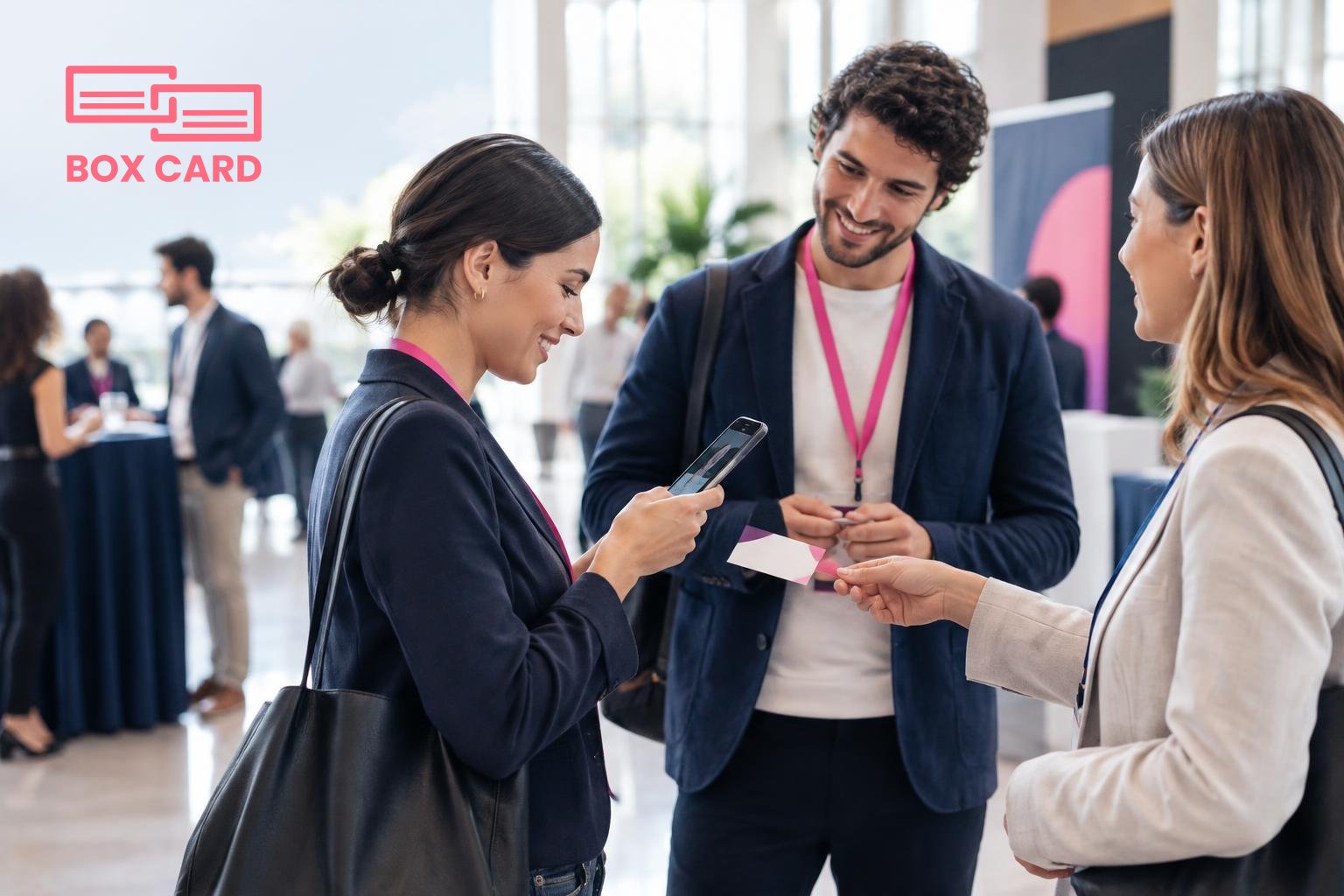 A small group of professionals exchanging business cards in a conference lobby, one person scanning a card with a smartphone while others talk, editorial photograph