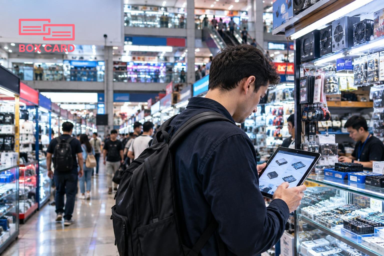 一位采购经理在赛格电子市场入口拿着平板比对产品图片，周围是密集的电子摊位和多层楼宇招牌，新闻摄影风格