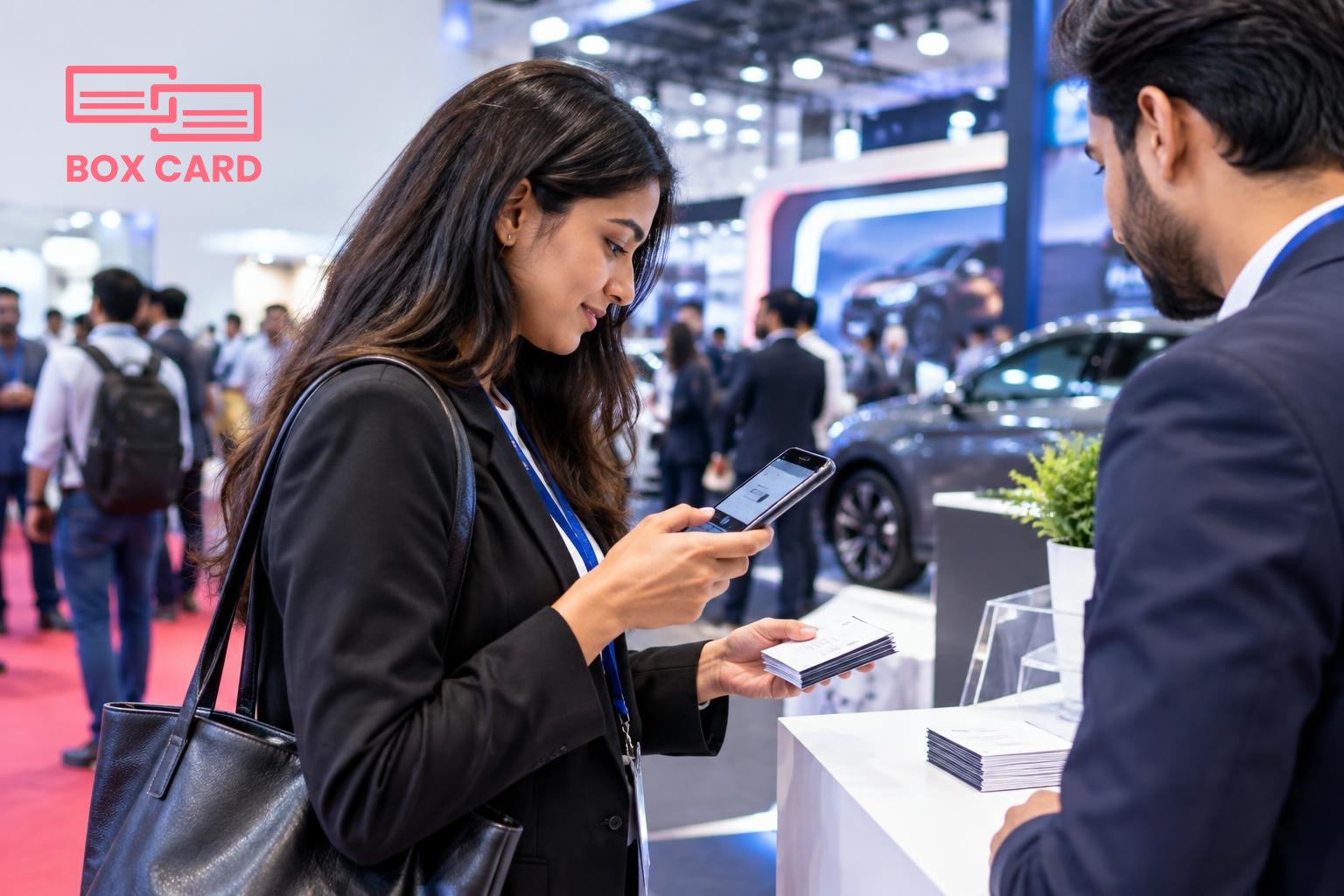 A trade show attendee scanning a stack of business cards with a smartphone at a busy Auto Expo booth, editorial photograph.