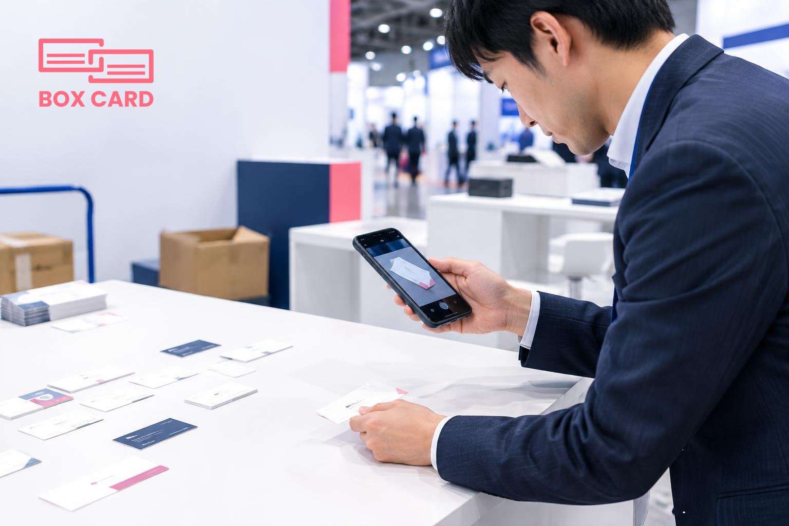 展示会ブースの片付け中、営業担当がスマートフォンで白い机の上の名刺を一枚ずつスキャンしている編集写真