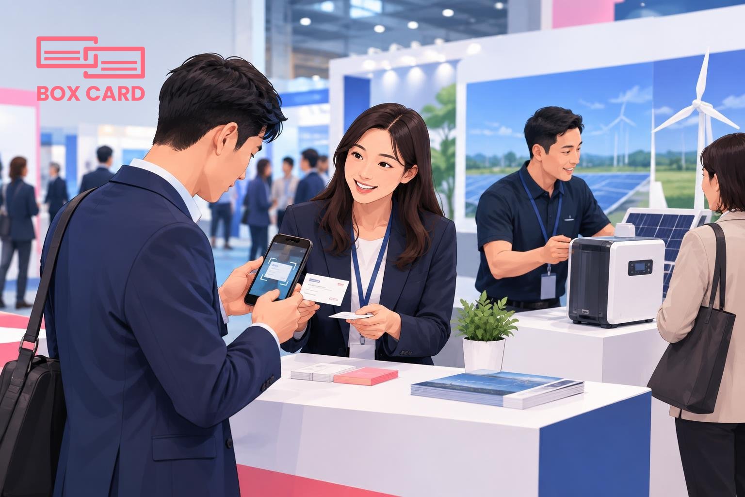 ผู้เข้าร่วมงานระดับมืออาชีพแลกนามบัตรหน้าบูธภายในฮอลล์การประชุม โดยมีคนหนึ่งกำลังสแกนนามบัตรบนสมาร์ทโฟน ขณะทีมงานสาธิตอุปกรณ์พลังงาน เรียบง่ายสไตล์ภาพถ่ายเอนิเมชัน